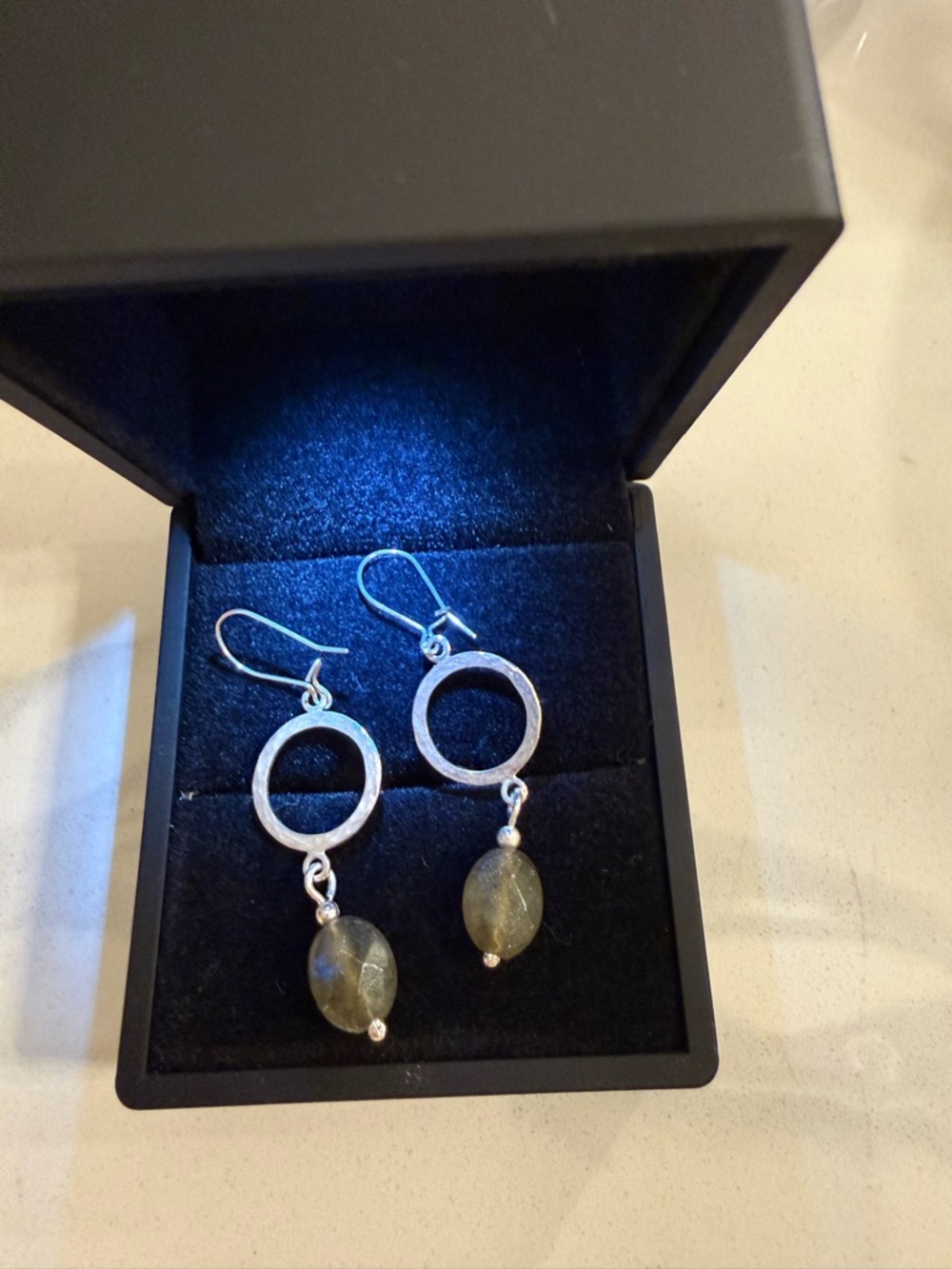 Sterling Silver Circle Drop Earrings with Green Labradorite Beads